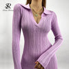 Women Korean Knitted Dress Long Sleeve V Neck Elastic Slim Pencil Dresses Autumn Sexy Bodycon Split Sweater Dress