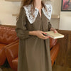 Women Autumn Beige Long Loose Lace Dress V Neck Straight Full Sleeve Pullover Maxi Dresses Female