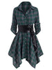 Gothic Casual Dress Women Red Plaid Belted Roll Tab Sleeve Handkerchief Dress Vestidos Autumn Long Sleeve A-Line Party Dress