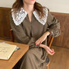 Women Autumn Beige Long Loose Lace Dress V Neck Straight Full Sleeve Pullover Maxi Dresses Female