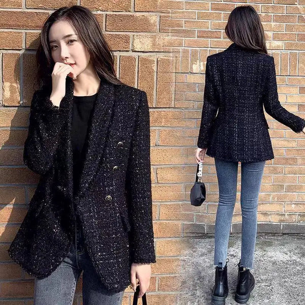 Winter Women Tweed Double Breasted Black Blazer Coat Vintage Long Sleeve Flap Pockets Female Outerwear Chic Suit Femme