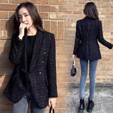 Winter Women Tweed Double Breasted Black Blazer Coat Vintage Long Sleeve Flap Pockets Female Outerwear Chic Suit Femme