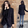 Winter Women Tweed Double Breasted Black Blazer Coat Vintage Long Sleeve Flap Pockets Female Outerwear Chic Suit Femme