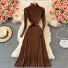 Women Pleated Knitted Dress Turtleneck Long Sleeve Elastic Slim Pencil Dress Autumn Winter Sexy Bodycon Sweater Dress