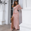 Light Blue Sequin Party Dress Women One Shoulder Long Sleeve Ruffles Side Split Draped Evening Prom Dresses Long Gown