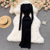 Women Korean Knitted Dress Long Sleeve V Neck Elastic Slim Pencil Dresses Autumn Sexy Bodycon Split Sweater Dress