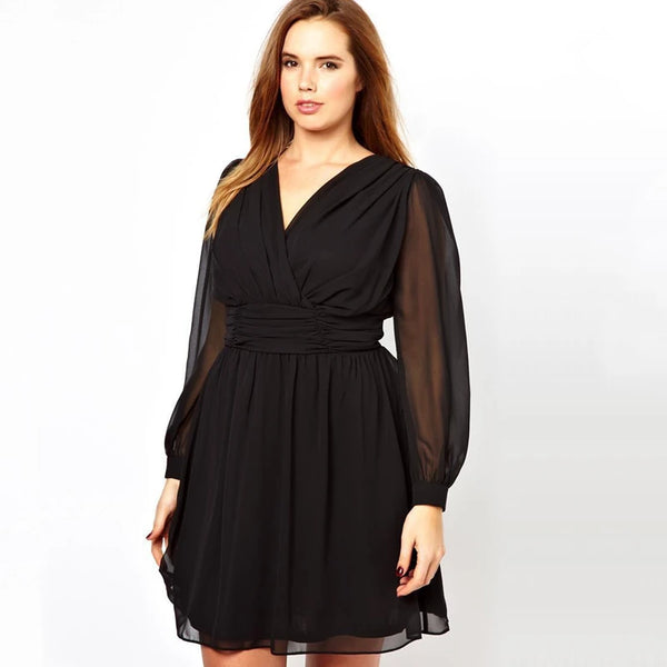 Plus Size Long Lantern Sleeve Chiffon Party Dress Women Sexy V-neck Spring Knee Length Black Elegant A-line Wrap Dress