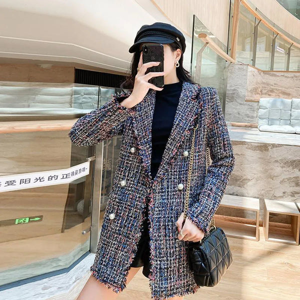 Spring Autumn Small Fragrance Wind Temperament Plaid Tweed Jacket Women Mid-length All-match Woolen Coat