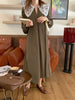 Women Autumn Beige Long Loose Lace Dress V Neck Straight Full Sleeve Pullover Maxi Dresses Female