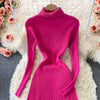Women Pleated Knitted Dress Turtleneck Long Sleeve Elastic Slim Pencil Dress Autumn Winter Sexy Bodycon Sweater Dress