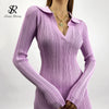 Women Korean Knitted Dress Long Sleeve V Neck Elastic Slim Pencil Dresses Autumn Sexy Bodycon Split Sweater Dress