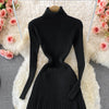 Women Pleated Knitted Dress Turtleneck Long Sleeve Elastic Slim Pencil Dress Autumn Winter Sexy Bodycon Sweater Dress