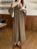 Women Autumn Beige Long Loose Lace Dress V Neck Straight Full Sleeve Pullover Maxi Dresses Female