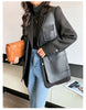 Autumn Black Wool Blends Patchwork Leather Jacket Women with Many Pockets Long Sleeve Korean Streetwear