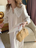 Women Autumn Beige Long Loose Lace Dress V Neck Straight Full Sleeve Pullover Maxi Dresses Female