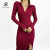 Women Korean Knitted Dress Long Sleeve V Neck Elastic Slim Pencil Dresses Autumn Sexy Bodycon Split Sweater Dress