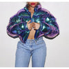 Winter Women Puffer Jackets Long Sleeve Zip Up Stand Collar Cropped Bubble Down Coats Shiny Metallic Quilted Parkas