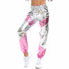 Women Reflective Long Pants with Pockets High Waist Loose Holographic Patchwork Trousers Club Dance Jogger Pants Clubwear