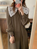 Women Autumn Beige Long Loose Lace Dress V Neck Straight Full Sleeve Pullover Maxi Dresses Female