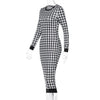 Houndstooth Print Women Long Sleeve Midi Dress Hollow Out Bodycon Sexy Streetwear Autumn Winter Club Elegant Slim