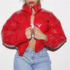 Winter Women Puffer Jackets Long Sleeve Zip Up Stand Collar Cropped Bubble Down Coats Shiny Metallic Quilted Parkas