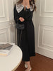 Women Autumn Beige Long Loose Lace Dress V Neck Straight Full Sleeve Pullover Maxi Dresses Female