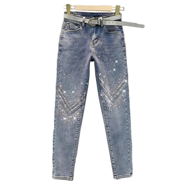 Women's Rhinestone Skinny Jeans, High Waist, 9 Points Pants, Denim Overalls, Elastic, Heavy Industry, Spring, Autumn
