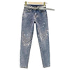 Women's Rhinestone Skinny Jeans, High Waist, 9 Points Pants, Denim Overalls, Elastic, Heavy Industry, Spring, Autumn