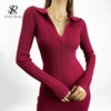 Women Korean Knitted Dress Long Sleeve V Neck Elastic Slim Pencil Dresses Autumn Sexy Bodycon Split Sweater Dress