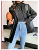 Autumn Black Wool Blends Patchwork Leather Jacket Women with Many Pockets Long Sleeve Korean Streetwear