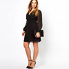 Plus Size Long Lantern Sleeve Chiffon Party Dress Women Sexy V-neck Spring Knee Length Black Elegant A-line Wrap Dress