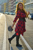 Gothic Casual Dress Women Red Plaid Belted Roll Tab Sleeve Handkerchief Dress Vestidos Autumn Long Sleeve A-Line Party Dress
