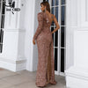 Light Blue Sequin Party Dress Women One Shoulder Long Sleeve Ruffles Side Split Draped Evening Prom Dresses Long Gown