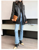 Autumn Black Wool Blends Patchwork Leather Jacket Women with Many Pockets Long Sleeve Korean Streetwear