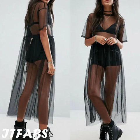 Sexy Women Party Evening Black See Through Mesh Dress Sheer Maxi Dress Tulle Lace long Dress Casual Sexy Party Vintage Bodycon