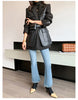 Autumn Black Wool Blends Patchwork Leather Jacket Women with Many Pockets Long Sleeve Korean Streetwear