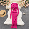 Women Korean Knitted Dress Long Sleeve V Neck Elastic Slim Pencil Dresses Autumn Sexy Bodycon Split Sweater Dress