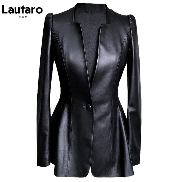Autumn Black Slim Soft Pu Leather Jacket Women Deep V Neck Long Puff Sleeve Elegant Skirted Blazer
