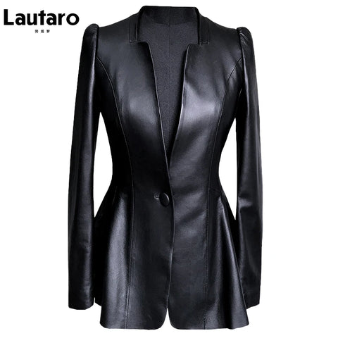 Autumn Black Slim Soft Pu Leather Jacket Women Deep V Neck Long Puff Sleeve Elegant Skirted Blazer