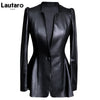 Autumn Black Slim Soft Pu Leather Jacket Women Deep V Neck Long Puff Sleeve Elegant Skirted Blazer