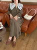 Women Autumn Beige Long Loose Lace Dress V Neck Straight Full Sleeve Pullover Maxi Dresses Female