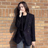 Winter Women Tweed Double Breasted Black Blazer Coat Vintage Long Sleeve Flap Pockets Female Outerwear Chic Suit Femme