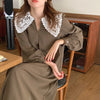 Women Autumn Beige Long Loose Lace Dress V Neck Straight Full Sleeve Pullover Maxi Dresses Female