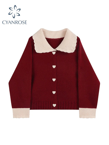 Spring Red Cardigan Sweaters For Women Loose Peter Pan Collar Elegant Korean Single Breasted Female Knit Cardigans Coat Top