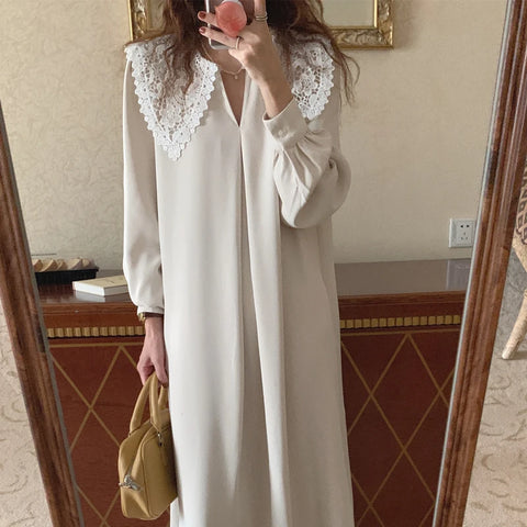 Women Autumn Beige Long Loose Lace Dress V Neck Straight Full Sleeve Pullover Maxi Dresses Female