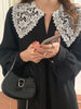 Women Autumn Beige Long Loose Lace Dress V Neck Straight Full Sleeve Pullover Maxi Dresses Female