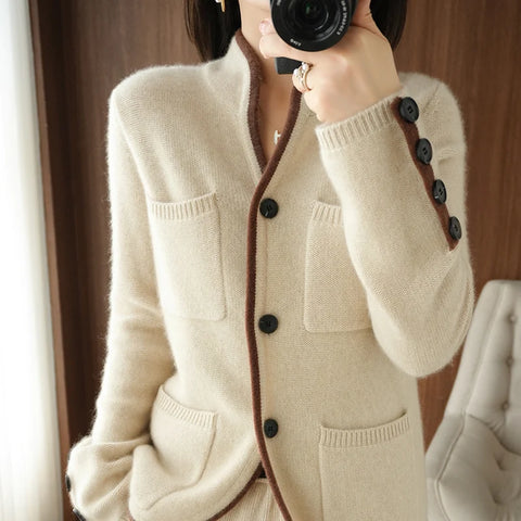 100%Pure Wool Sweater Autumn/Winter Women's Stand-up Collar Cardigan Casual Knit Tops Korean Female Jacket