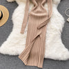 Women Korean Knitted Dress Long Sleeve V Neck Elastic Slim Pencil Dresses Autumn Sexy Bodycon Split Sweater Dress