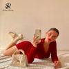 Women Korean Knitted Dress Long Sleeve V Neck Elastic Slim Pencil Dresses Autumn Sexy Bodycon Split Sweater Dress