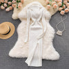 Women Korean Knitted Dress Long Sleeve V Neck Elastic Slim Pencil Dresses Autumn Sexy Bodycon Split Sweater Dress